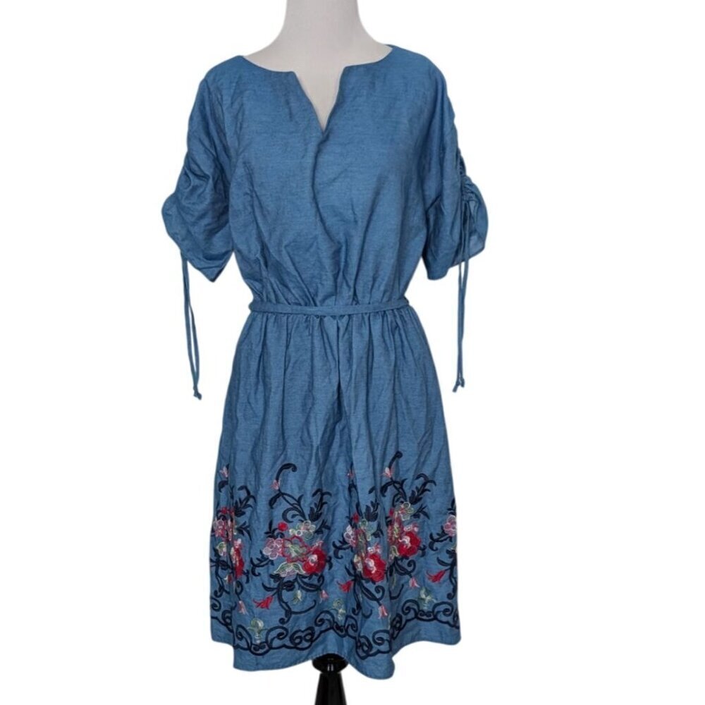 Roz & Ali Embroidered Floral Dress Womens Size 10 Blue Belted Pullover Boho